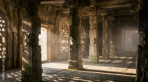 Mystical ancient temple interior with stone pillars and sunlight filtering through, evoking a sense of history and spirituality