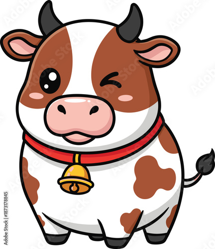 Adorable cartoon cow illustration with bell necklace, cute smiling farm animal character isolated on white background for design