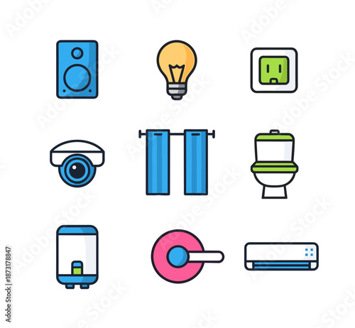 Smart Home Appliances and Interior Fixtures Icons with Speaker Light Bulb Outlet Camera Curtains Toilet Water Heater Door Lock and Air Conditioner