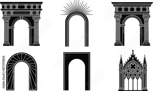 Architectural arch silhouettes set featuring classical and gothic styles for historic building design decorative vector illustration elements collection artwork