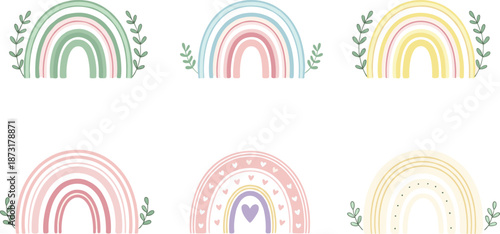 Pastel boho rainbow clipart set with hearts, leaves, soft colors, hand-drawn nursery illustrations for kids and decor