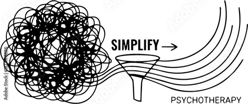 Conceptual psychotherapy vector showing tangled thoughts simplified through a funnel into clarity, ideal for mental health visuals, therapy infographics, emotional wellness, and educational design.