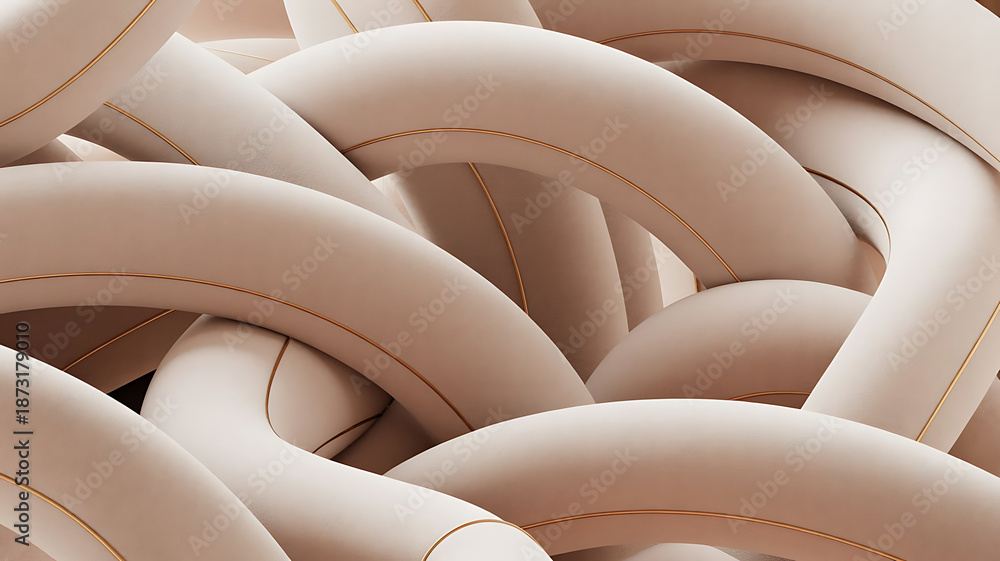 Fototapeta premium Intertwined beige abstract tubes with thin gold lines