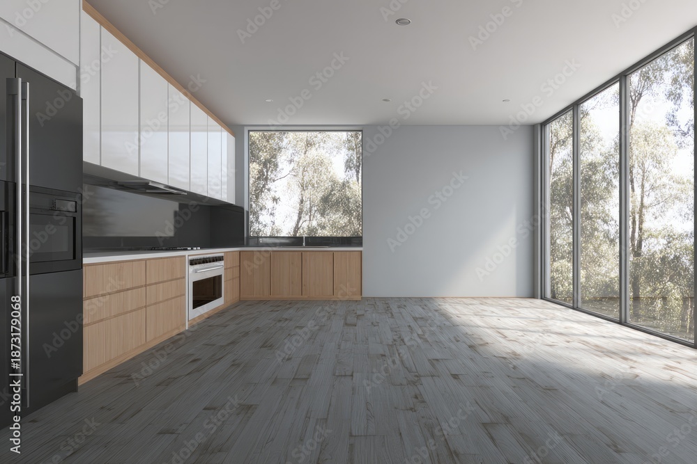 Obraz premium Modern kitchen interior features dark cabinetry and expansive floor to ceiling windows overlooking natural surroundings