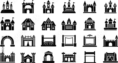 Black Castle and Architecture Icon Set with Medieval Gates, Fortresses, Palaces, Isolated Silhouette Vector Collection for UI, Games, Branding