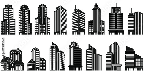Black city building silhouettes set featuring modern skyscrapers and residential houses, urban architecture icons for real estate, construction, and design projects