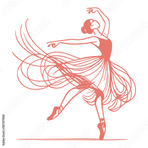 Abstract sketch of a ballerina dancing. Pink line art vector illustration of a ballet dancer in motion.