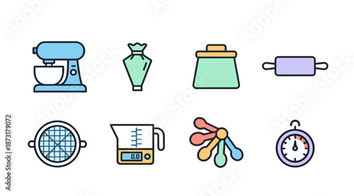 Professional Baking and Pastry Tools Icon Set Featuring Stand Mixer Rolling Pin Measuring Spoons Kitchen Scale and Piping Bag