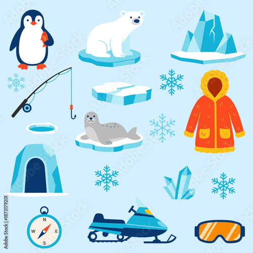 Arctic Expedition and Polar Life Illustration Set with Polar Bear Penguin Seal Snowmobile Igloo and Cold Weather Survival Gear
