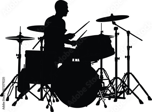 Black silhouette young man playing drums music performance studio band rhythm artist instrumental concert creative sound percussion musician stage entertainment live energy