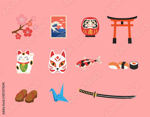 Japanese Culture Icons Set with Sushi Koi Fish Maneki Neko Lucky Cat Torii Gate Origami Crane and Cherry Blossom Floral Elements