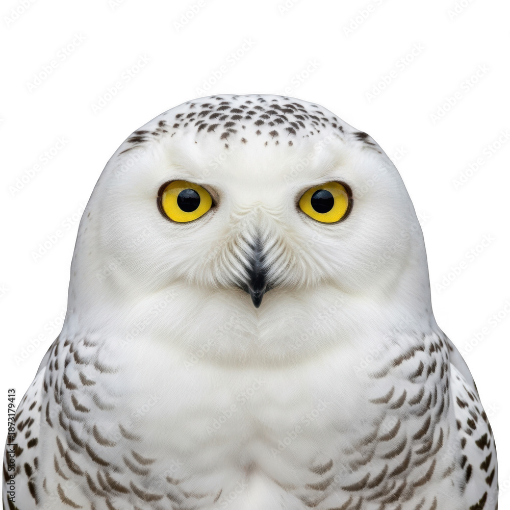 Obraz premium Snowy owl face close-up isolated on transparent background