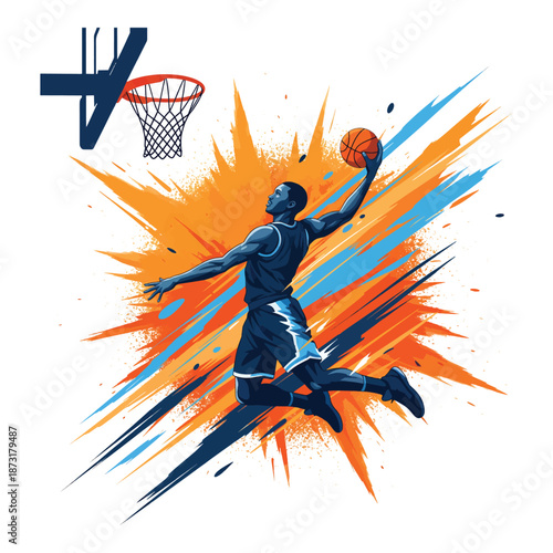 Basketball player dunking silhouette with colorful grunge splash. Energetic sports vector illustration.