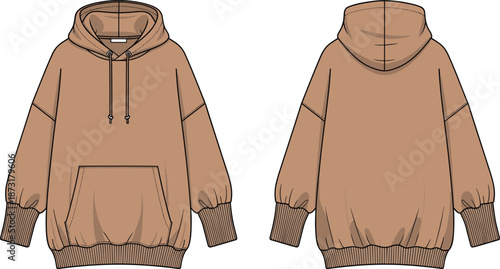 Brown oversized hoodie flat vector front back view cad drawing fashion technical illustration for apparel design mockup template streetwear garment