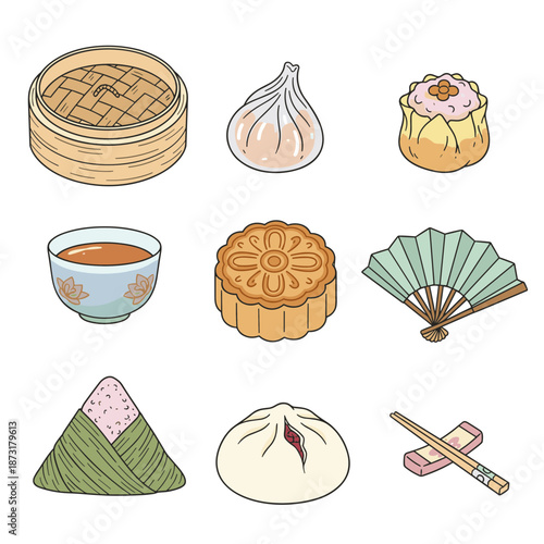 Traditional Chinese dim sum and tea culture set featuring dumplings mooncake buns and fan in hand drawn doodle illustration