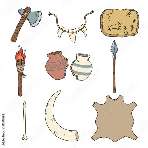 Prehistoric Stone Age Tool and Artifact Set Featuring Stone Axe Tooth Necklace Cave Painting Torch Clay Pots Spear Bone Needle Horn and Animal Hide