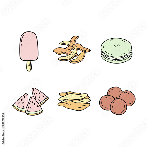 Assorted Healthy and Sweet Snacks Icons Collection Including Watermelon Popsicle Macaron and Dried Fruits for Food Menu and Packaging Design