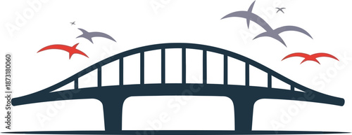 Abstract graphic representation of an elegant arch bridge, symbolizing urban connectivity and the freedom of movement, with dynamic bird silhouettes adding a touch of natural grace and scenic beauty