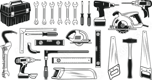 Hand tool and power tool illustration set, construction workshop equipment collection, wrench drill saw hammer screwdriver icons, professional repair and maintenance vector pack