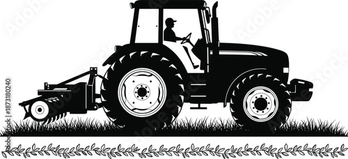 Black silhouette of a farm tractor with driver in field vector illustration, agricultural machinery for farming, harvesting, and cultivation industry design elements,