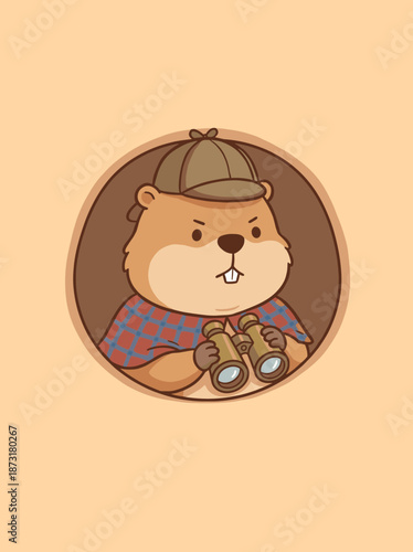 Cute beaver character dressed as a detective holding binoculars in a circular frame cartoon illustration for nature and scouting concepts