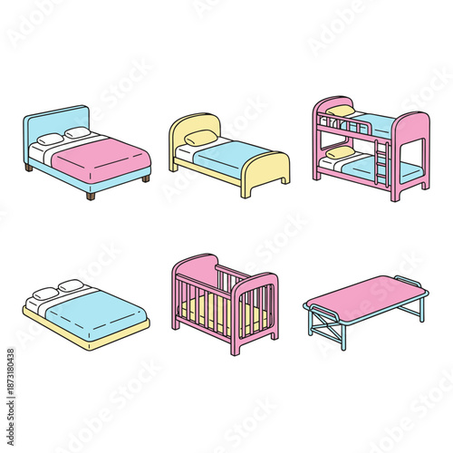 Different types of beds and furniture icons set including double bed single bed bunk bed and baby crib isolated on white background for interior