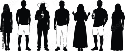 Casual people silhouettes standing together with drinks, showcasing modern lifestyle, youth fashion, diversity, social interaction, and relaxed summer leisure concept