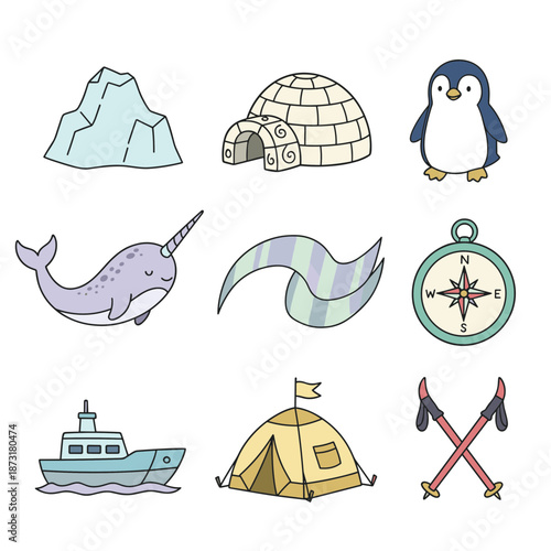 Arctic Expedition and Polar Life Vector Icon Set Featuring Penguin, Narwhal, Igloo, Iceberg, Compass, and Camping Equipment for Adventure