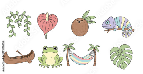 Tropical Rainforest Elements Icon Set Featuring Chameleon, Frog, Coconut, Palm Trees, Exotic Flowers, and Monstera Leaves Vector Illustration