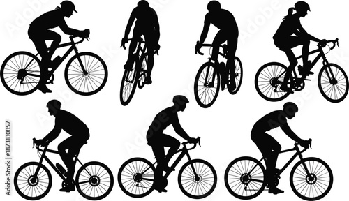 Collection of Cyclist Silhouettes in Various Poses on White Background cycling bicycle