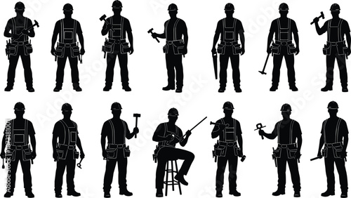 Construction worker silhouettes holding tools isolated black vector contractor tradesman profession labor builder icon illustration collection