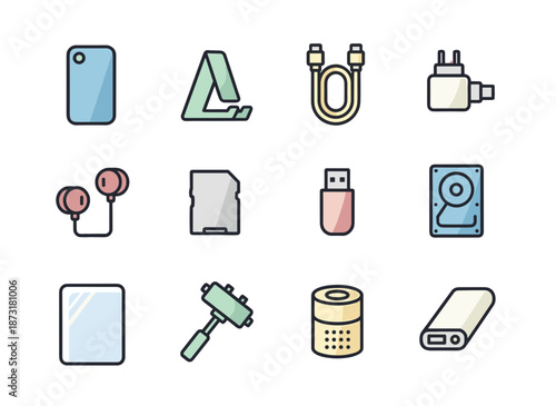 Modern Technology and Smartphone Accessories Icons Set with Headphones Charger Power Bank Memory Card Speaker and USB Drive Vector Art