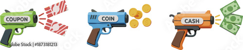 Coupon, coin, and cash shooting guns illustration showing spending choices, savings rewards, and payment methods in flat cartoon vector style