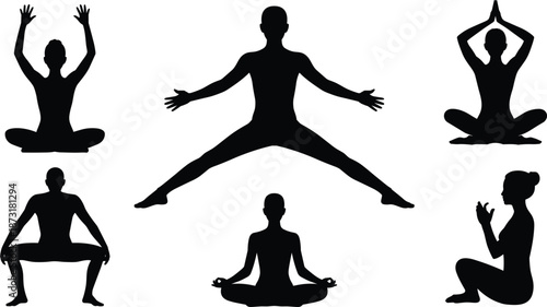 Collection of Yoga and Meditation Silhouettes on White Background pose exercise