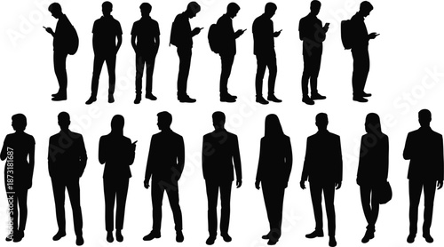 Diverse group of standing male and female silhouettes using mobile phones and carrying backpacks people