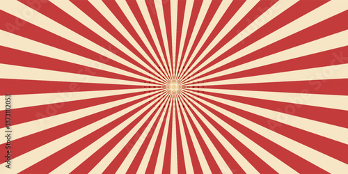 Red sunburst lines on yellow Background. Light sun rays pattern. Vintage stripes halftone radial wallpaper for poster, banner, advertising backdrop, comic or circus scene.
