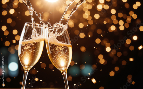 Festive Champagne Toast – Sparkling Glasses with Golden Bokeh for New Year's Eve Celebrations and Festive Event Designs