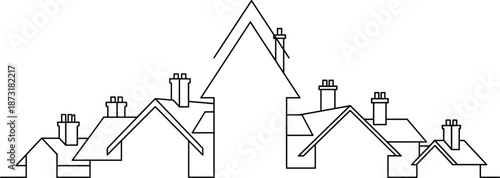 Minimalist continuous line drawing of house roof tops with chimneys isolated on white background for real estate and construction branding