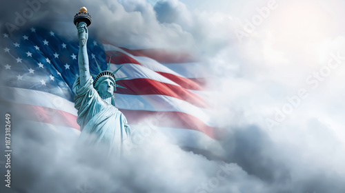 Statue of Liberty embodying American freedom, hope, and patriotism with United States flag and dramatic clouds