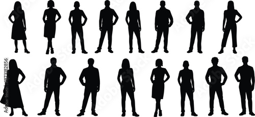 Silhouettes of diverse men and women standing in casual and formal attire on a white background Keywords: people, man, woman