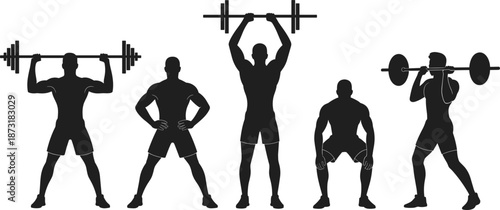 Silhouettes of men lifting weights and exercising with barbells Keywords: workout, fitness, exercise, weightlifting, strength