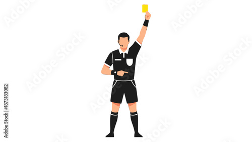 Soccer referee holding a yellow card in a black uniform.
