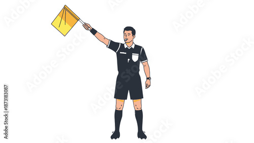 Soccer referee holding a yellow card in a black uniform.