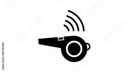 Black Whistle Icon Emitting Sound Waves on White Background.
