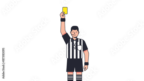 Cartoon referee showing yellow card to player in football match.