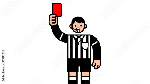 Cartoon referee showing red card to player in football match.