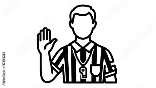 Simple black and white illustration of a referee signaling a foul or stoppage.