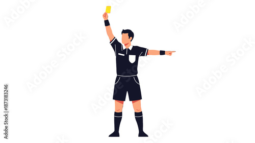 Referee holding up a yellow card in a soccer match.
