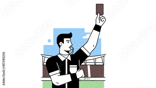 Soccer referee holding red card in front of a stadium.