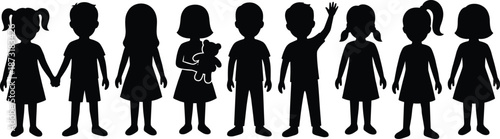 Children silhouette set, kids group illustration, boys and girls outlines, childhood diversity concept, playful youth figures, education community design, family icon collection, black vector style